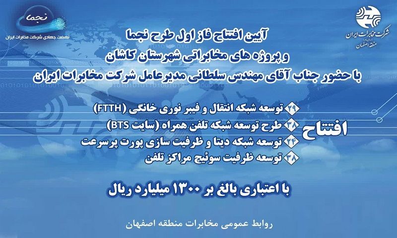 بهره برداری فاز اول طرح نجما در شهرستان کاشان با اعتباری بالغ بر ۱۳۰۰ میلیارد ریال بهره برداری فاز اول طرح نجما در شهرستان کاشان با اعتباری بالغ بر ۱۳۰۰ میلیارد ریال